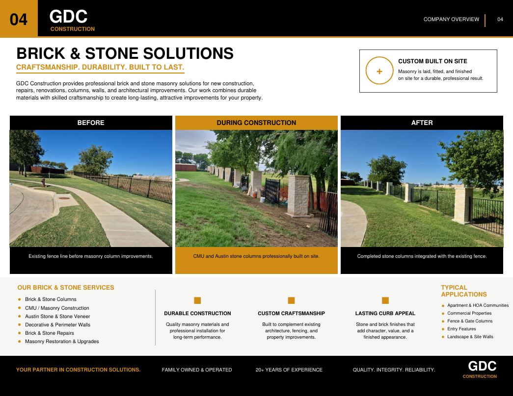 GDC Construction masonry project overview with before, during and after photographs